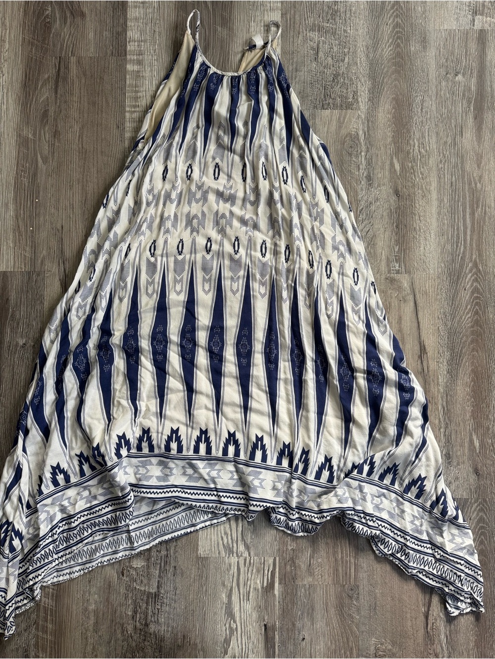 Women's Blue and Cream High-Low Maxi Dress with Printed Pattern